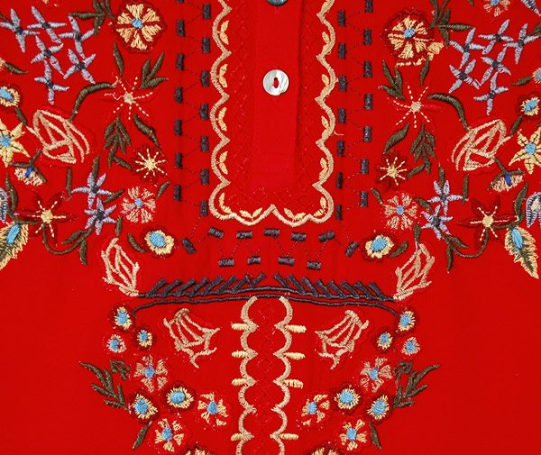 Coral Red Boho Tunic Top with Multicolored Embroidery