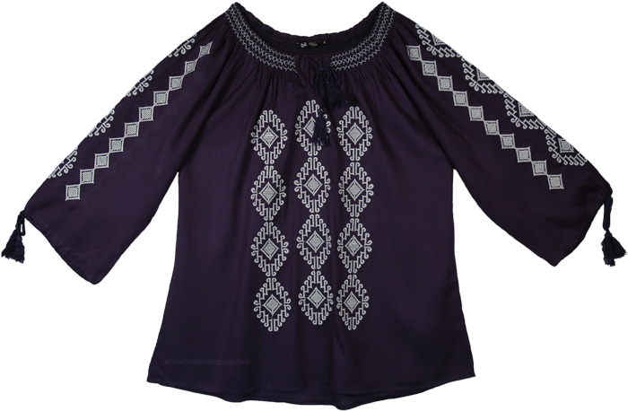 Navy Blue Embroidered Boho Tunic Top for Summer