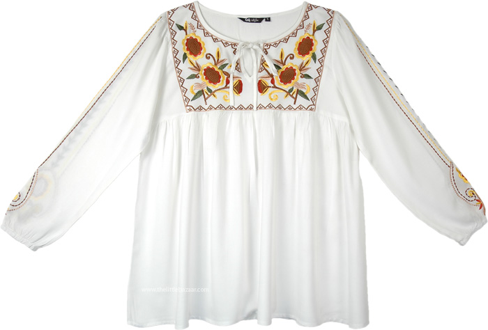 Sunflower Embroidered Baby Doll Tunic Top with Long Sleeves