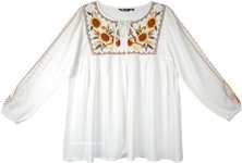 Sunflower Embroidered Baby Doll Tunic Top with Long Sleeves