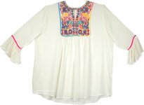 White Boho Tunic Top with Tribal Style Embroidery