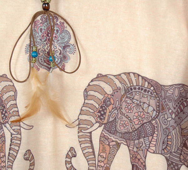 Embellished Elephant Print Beige Poncho Top