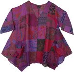 XXL Boho Tunic Top with Pockets Purple Cotton Patchwork