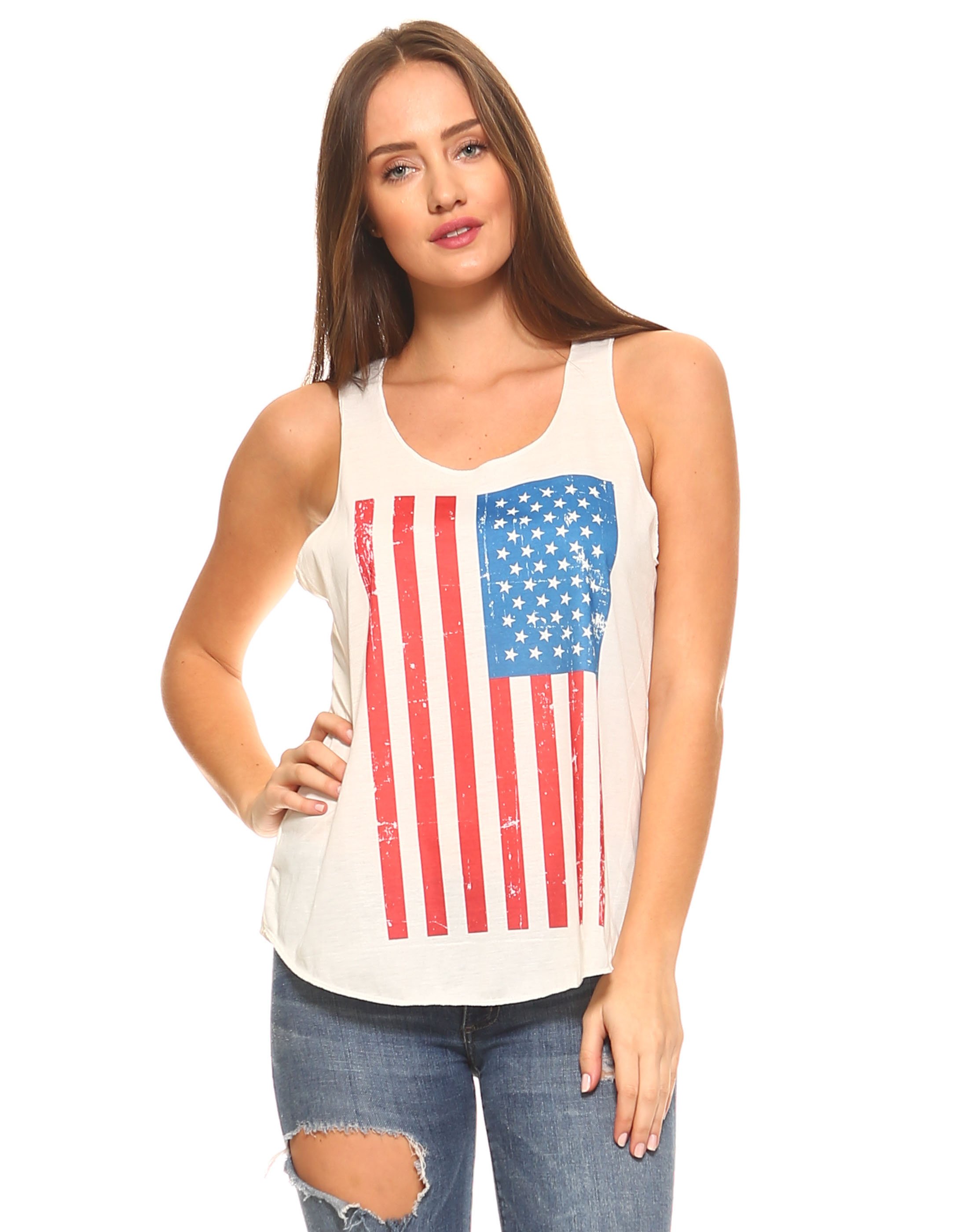 US Flag Scoop Neck Tank Top in White | Tunic-Shirt | White | Sleeveless ...