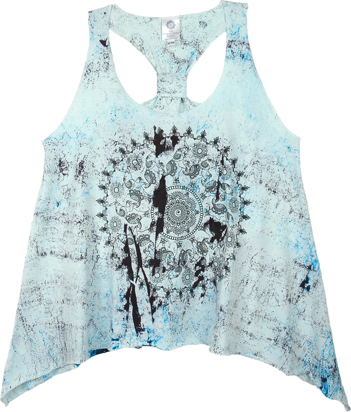 Ice Blue Elephant Mandala Printed Cotton Tank Top