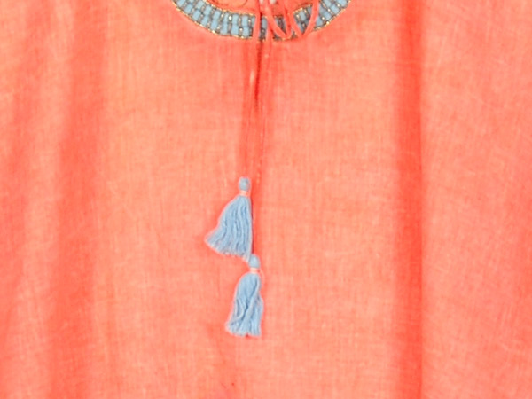 Peachy Orange Kaftan Top with Tie Up Neck and Tassels