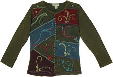 Italian Olive Green Full Sleeve Boho Top with Patchwork