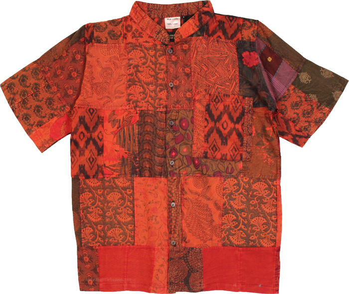 Hippie Red Patchwork Unisex Short Sleeve Cotton Shirt