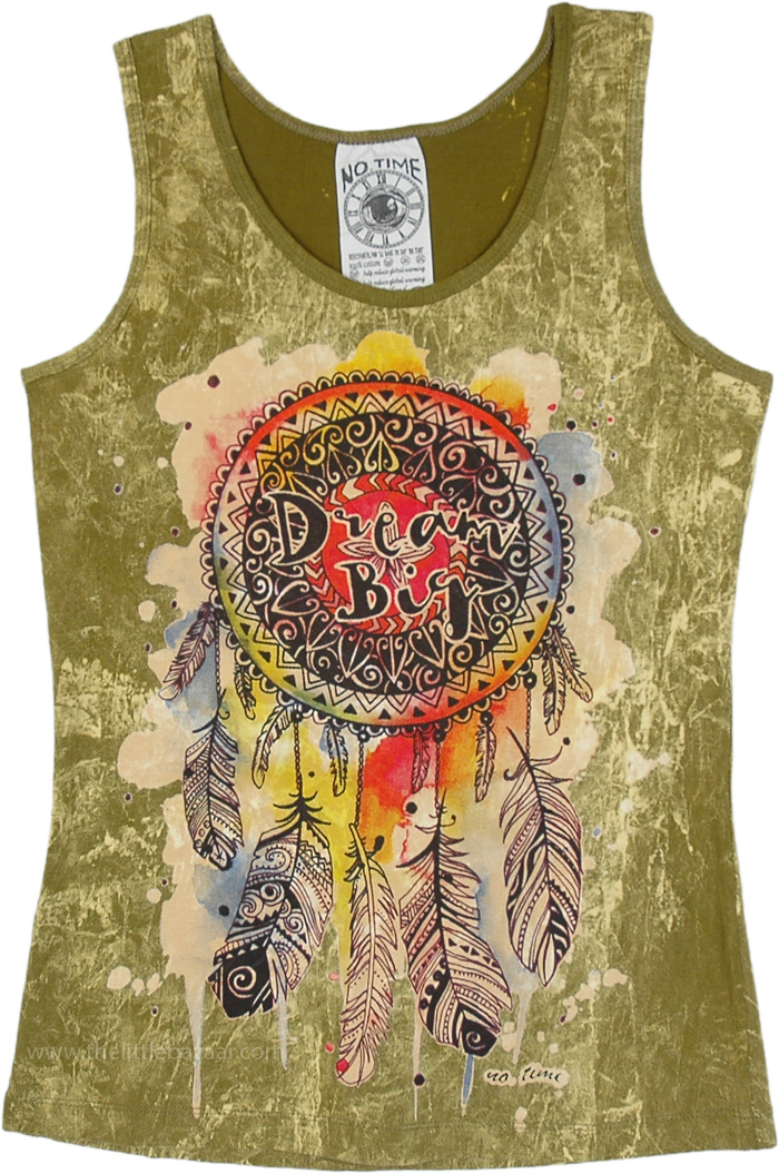 Dusty Olive Tank Top with Artistic Dreamcatcher Print