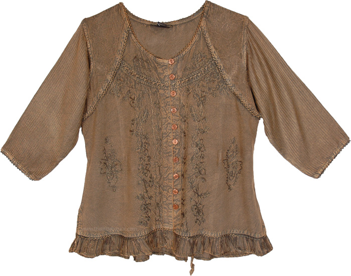 Rustic Brown Blouse with Embroidered Motifs