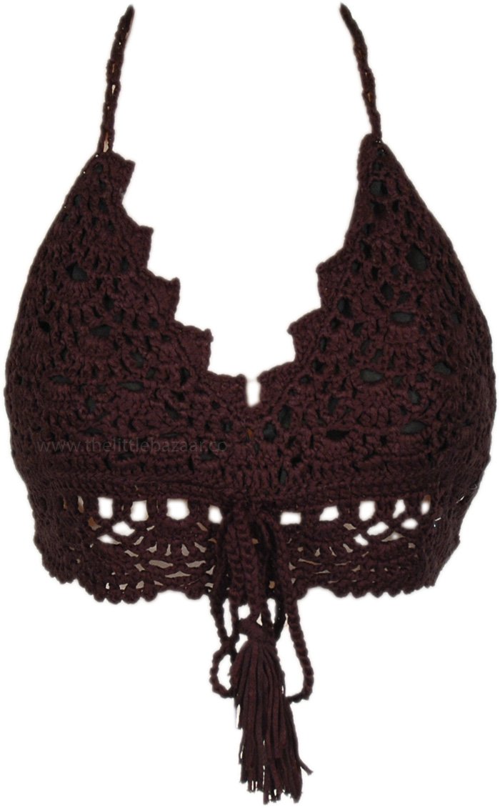 Black Crochet Bralette Top with Tassel