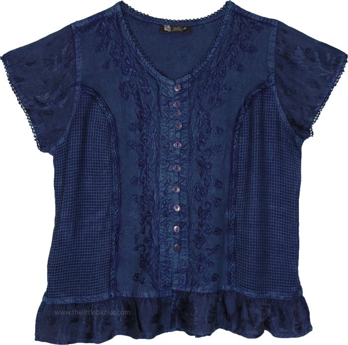 Prussian Blue Bohemian Tunic Shirt with Embroidery