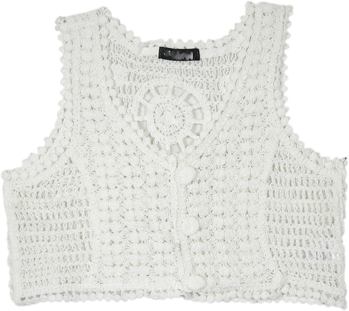 Pure White Solid Bohemian Button Front Crochet Top