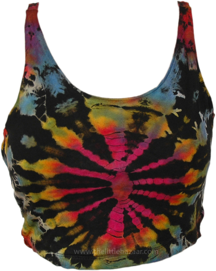 Rainbow Black Tiedye Boho Crop Top