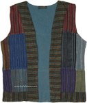 Handmade Patchwork Stripes Open Vest in Blue