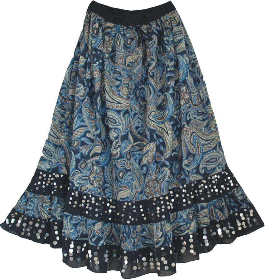 Blue Paisley Long Skirt | Sequin-Skirts