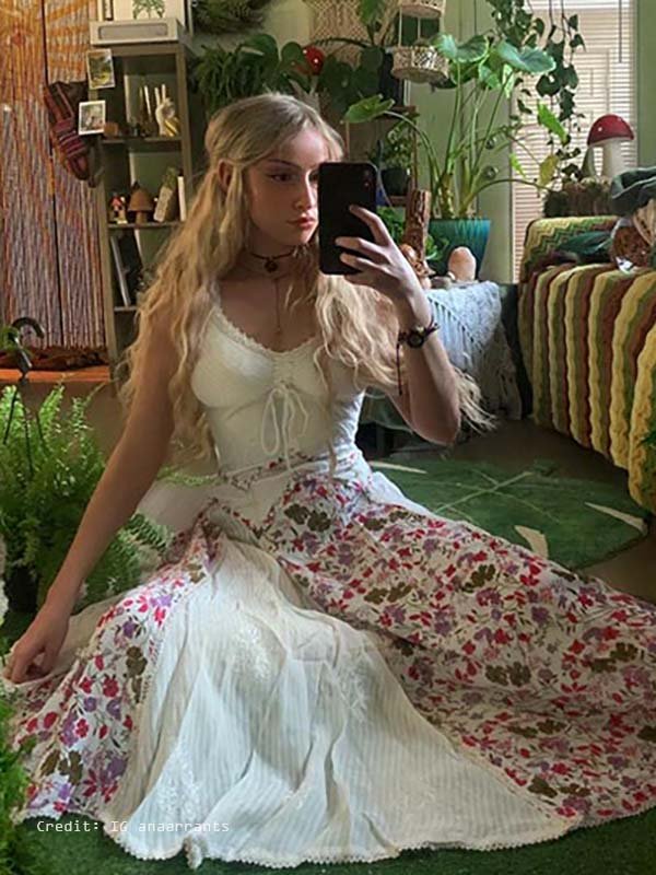 Customer in bohemian dress outdoors